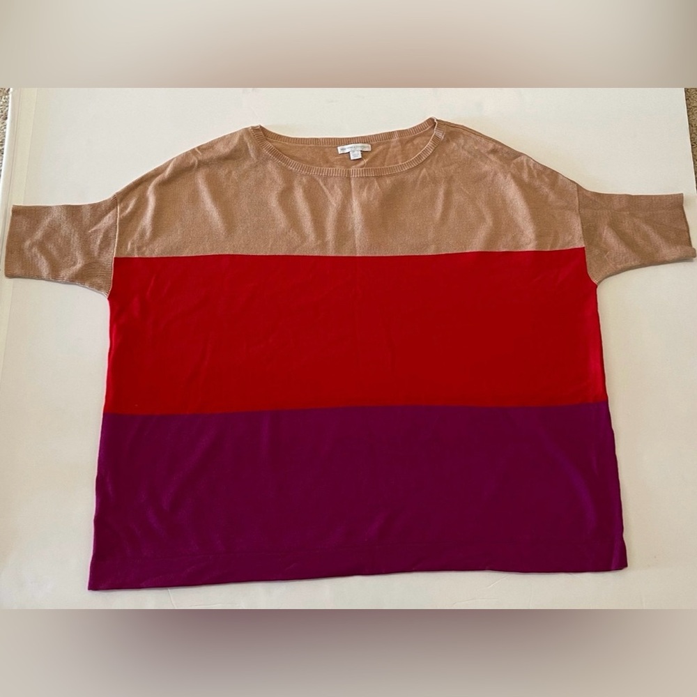 Colorblock Tan,Red, and Purple Short Sleeve Knit Top Sweater